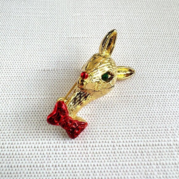Rudolph The Reindeer Gold-Tone Brooch With Red Bow Tie & Green Rhinestone Eye - Picture 4 of 5
